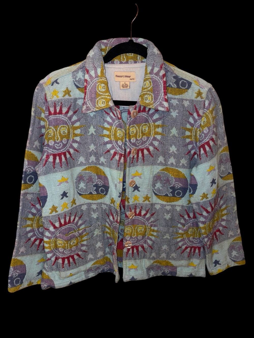 Vintage 90s Celestial Sun Moon Tapestry Jacket Womens S Cotton Whimsigoth Fall
